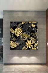 Gold Siyah Yapraklar Dekoratif Kanvas Tablo