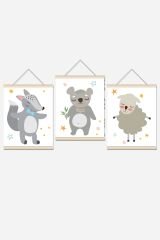 Sevimli Hayvanlar İp Askılı Çocuk Odası Kanvas Poster Tablo Duvar Dekoru