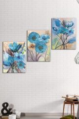 Mavi Suluboya Çiçekli Sanatsal Kanvas Tablo Seti