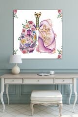 Doktorlara Hastanelere Özel Suluboya Efektli Akciğer Ve Çiçekler Kanvas Tablo (9 Farklı Ölçü)