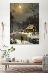 Kış Gece Kar Irmak Dekoratif Kanvas Tablo (7 farklı ölçü)