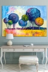 Renkli Ağaçlar Yağlıboya Görünümlü Yeni Yıl New Year Yılbaşı Dekoratif Kanvas Tablo