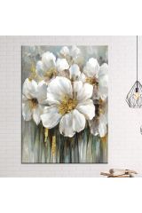 Beyaz Çiçekler Yağlıboya Görünümlü Dekoratif Kanvas Tablo (8 Farklı Ölçü)