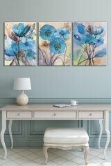 Mavi Suluboya Çiçekli Sanatsal Kanvas Tablo Seti