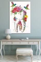 Doktorlara Hastanelere Özel Suluboya Efektli Diş Ve Çiçekler Kanvas Tablo (8 Farklı Ölçü)