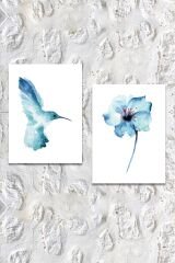 Suluboya Efektli Mavi Kuş Ve Çiçek Sanatsal Kanvas Tablo