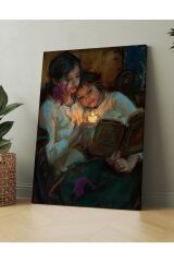 Mum Işığında Kitap Okuyan Kızlar Yağlıboya Efektli Kanvas Tablo (8 Farklı Ölçü)