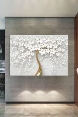 Beyaz Altın Kabartma Görünümlü Dekoratif Çiçek Kanvas Tablo
