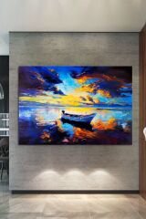 Sahilde Tekne Ve Gün Batımı Sanatsal Kanvas Tablo