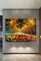 Çiçekli Bahçe Ve Gece Yağlıboya Görünümlü Kanvas Tablo