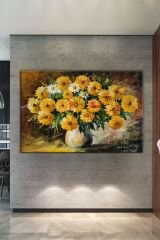 Papatyalar Natürmort Yağlı Boya Efektli Sanatsal Kanvas Tablo