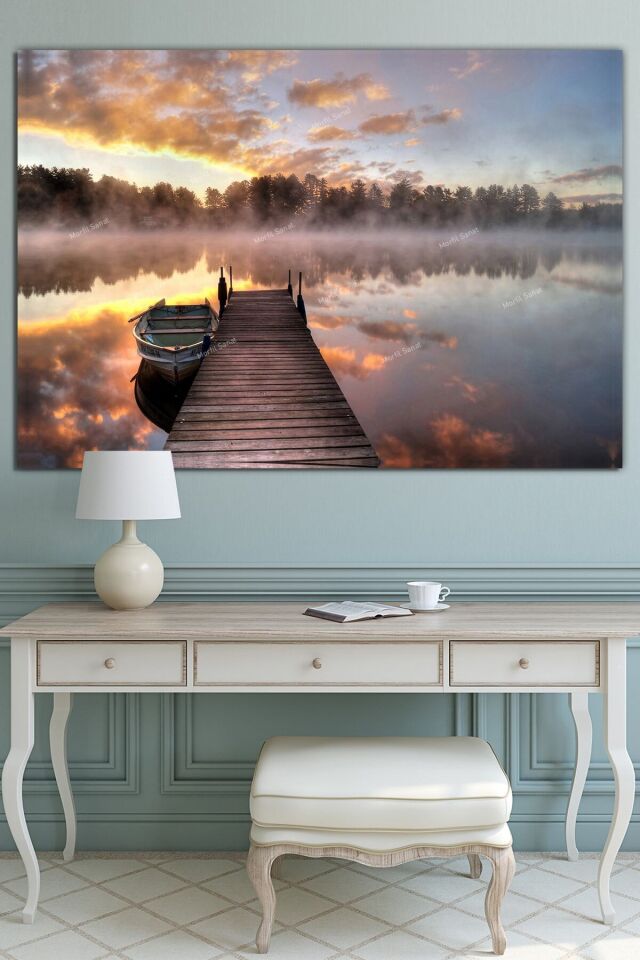 Göl Kayık Iskelede Gün Batımı Kanvas Tablo