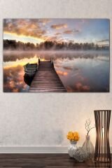 Göl Kayık Iskelede Gün Batımı Kanvas Tablo