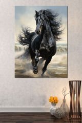 Siyah Yeleli At Sahilde Koşan Muhteşem At Sanatsal Kanvas Tablo (7 farklı ölçü)