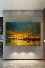 Günbatımı Ve Yelkenliler Yağlıboya Efektli Kanvas Tablo (8 Farklı Ölçü)