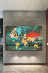 Harita Ahşap Arka Plan Görünümlü Dekoratif Dünya Haritası Kanvas Tablo