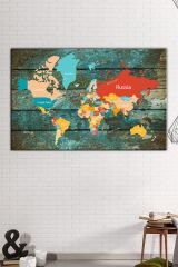 Harita Ahşap Arka Plan Görünümlü Dekoratif Dünya Haritası Kanvas Tablo