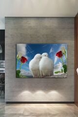 Çift Güvercin Kuşlar Ve Çiçekler Kanvas Tablo