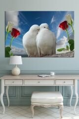 Çift Güvercin Kuşlar Ve Çiçekler Kanvas Tablo