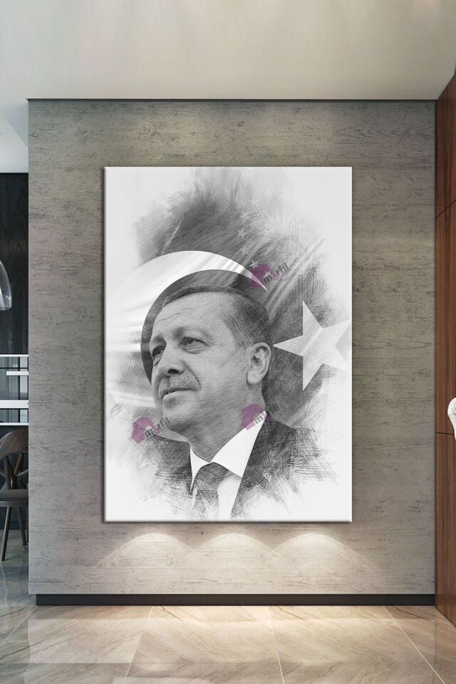 Recep Tayyip Erdoğan Başkan Erdoğan Karakalem Efektli Rte Kanvas Tablo (7 Farklı Ölçü)