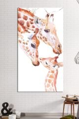 Zürafa Ailesi Suluboya Efektli Dekoratif Kanvas Tablo