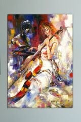 Çello Viyolonsel Çalan Kadın Yağlı Boya Efektli Kanvas Tablo 8 Farklı Ölçü