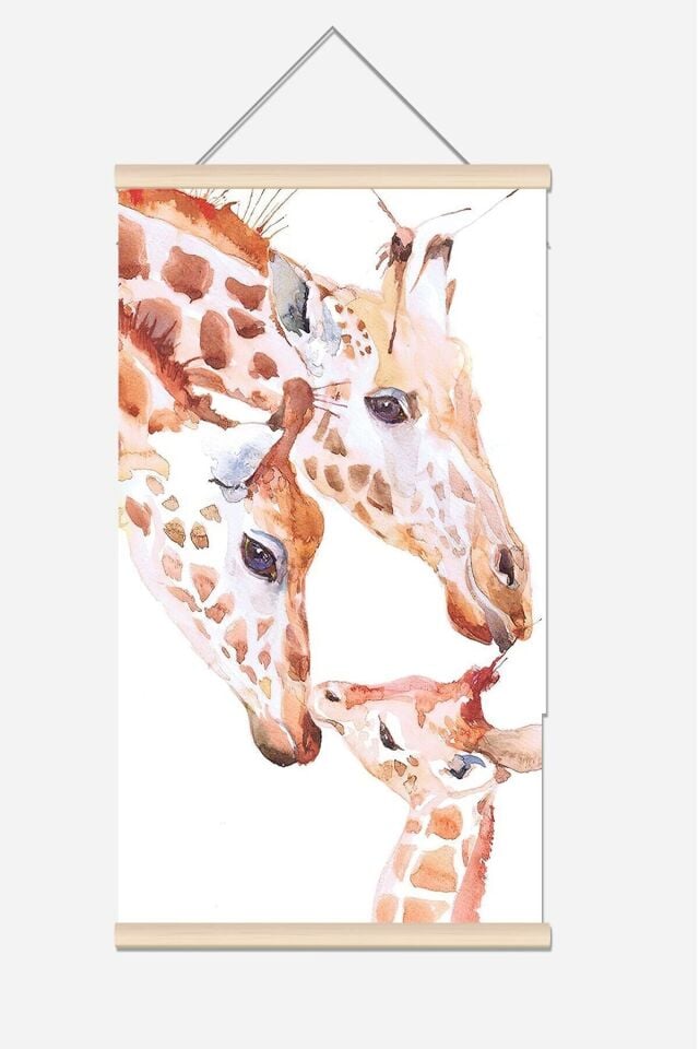 Zürafa Aiesi Sulubaoya Efektli Ip Askılı Kanvas Poster Tablo Duvar Dekoru
