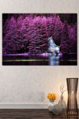 Mor Ağaşlar Ve Göl Evi Muhteşem Manzara Doğa Kanvas Tablo