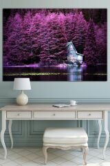 Mor Ağaşlar Ve Göl Evi Muhteşem Manzara Doğa Kanvas Tablo