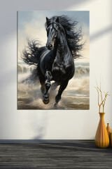 Siyah Yeleli At Sahilde Koşan Muhteşem At Sanatsal Kanvas Tablo (7 farklı ölçü)