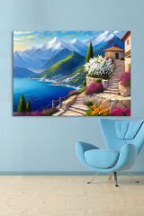 Deniz Sahil Taş Evler Doğa Manzara Sanatsal Kanvas Tablo (7 farklı ölçü)