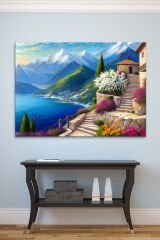 Deniz Sahil Taş Evler Doğa Manzara Sanatsal Kanvas Tablo (7 farklı ölçü)