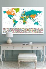 Dünya Haritası Ve Bayrakları World Map Dekoratif Kanvas Tablo (7 Farklı Ölçü)