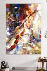 Çello Viyolonsel Çalan Kadın Yağlı Boya Efektli Kanvas Tablo 8 Farklı Ölçü